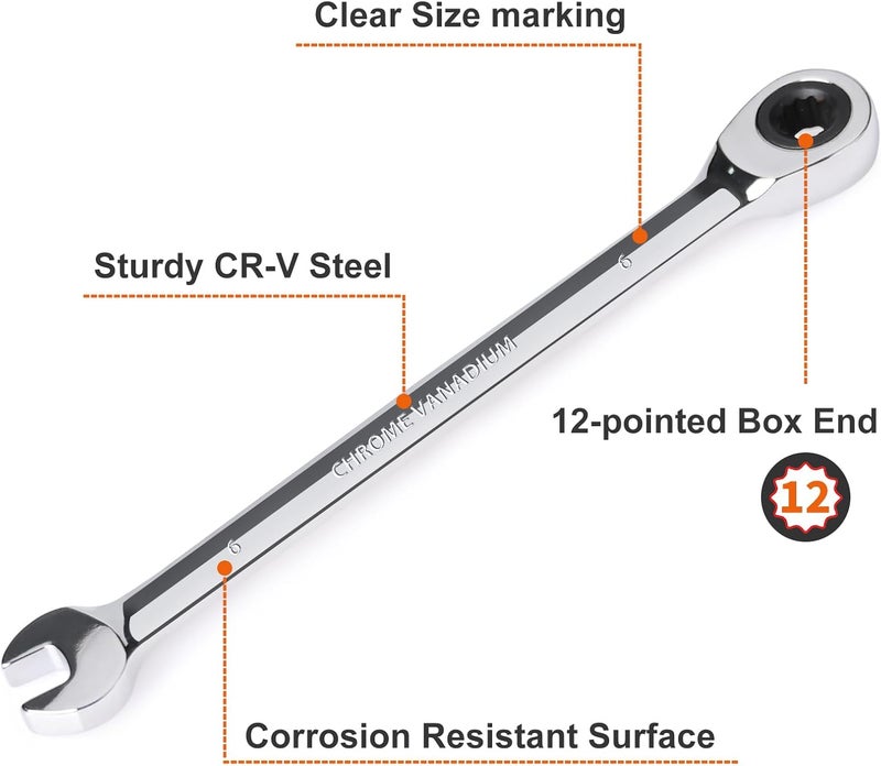 Egofine 6mm Ratcheting Combination Wrench Metric, Industrial Grade Gear Spanner with 12-Point Design, 72-Tooth Ratchet, Chrome Vanadium Steel - Image 2